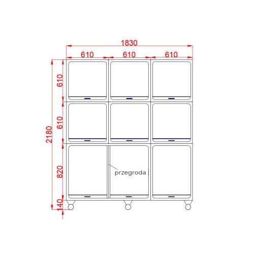 Klatka ze stali nierdzewnej 9 wnęk 183x70x218 cm Klatka stalowa- TTDC-12-rys.png