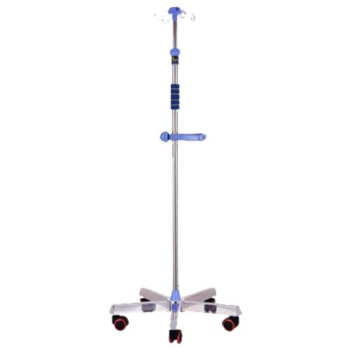 Stojak na kroplówki stalowy z regulowaną wysokością Weterynaryjny stojak na kroplówki z regulowaną wysokością i czterema metalowymi uchwytami. Widoczna pięcioramienna podstawa z kółkami oraz teleskopowa, stalowa konstrukcja.