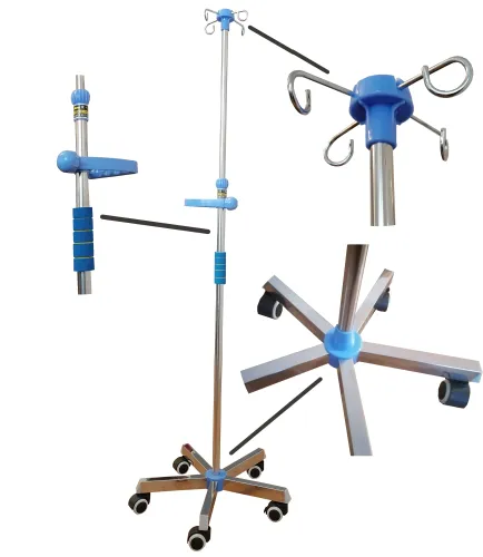 Stojak na kroplówki stalowy z regulowaną wysokością Weterynaryjny stojak na kroplówki z regulowaną wysokością i czterema metalowymi uchwytami. Widoczna pięcioramienna podstawa z kółkami oraz teleskopowa, stalowa konstrukcja.